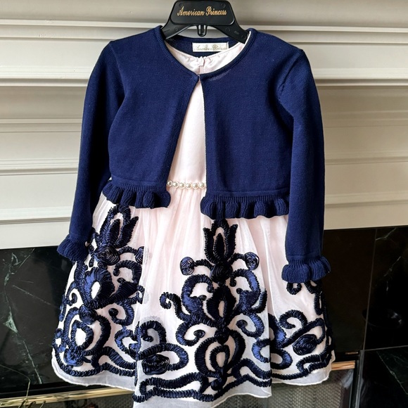 AMERICAN PRINCESS PINK/NAVY EASTER PARTY DRESS W/NAVY SWEATER SHRUG Sz 2T - Picture 8 of 13